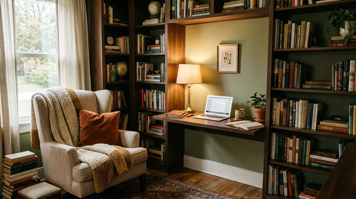 Cozy office nook with built-in desk alcove, armchair, bookshelves, and warm table lamp lighting.