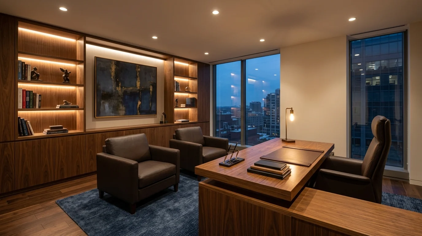 Executive home office with large walnut desk, leather seating, custom cabinetry, and warm ambient lighting.