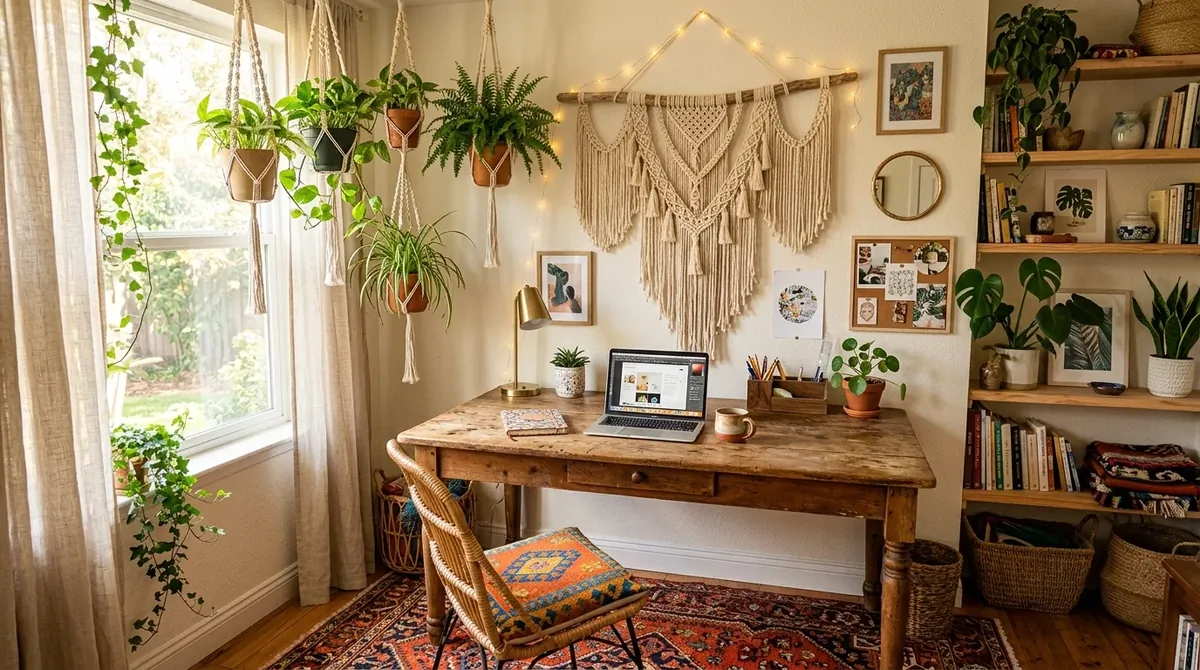 Bohemian home office with wooden desk, hanging plants, patterned rug, and relaxed creative styling.