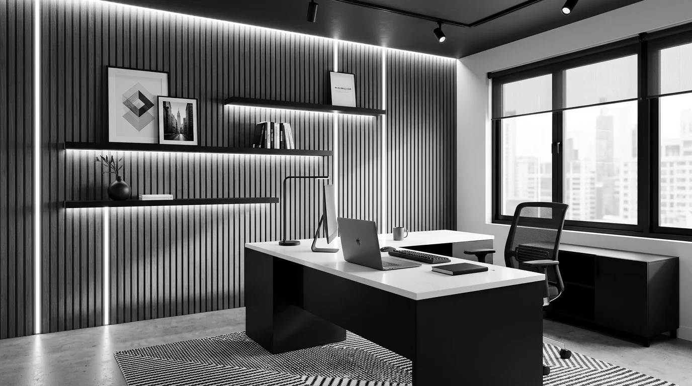 Modern black and white office with floating shelves, backlit wall panels, and a clean minimal desk setup.