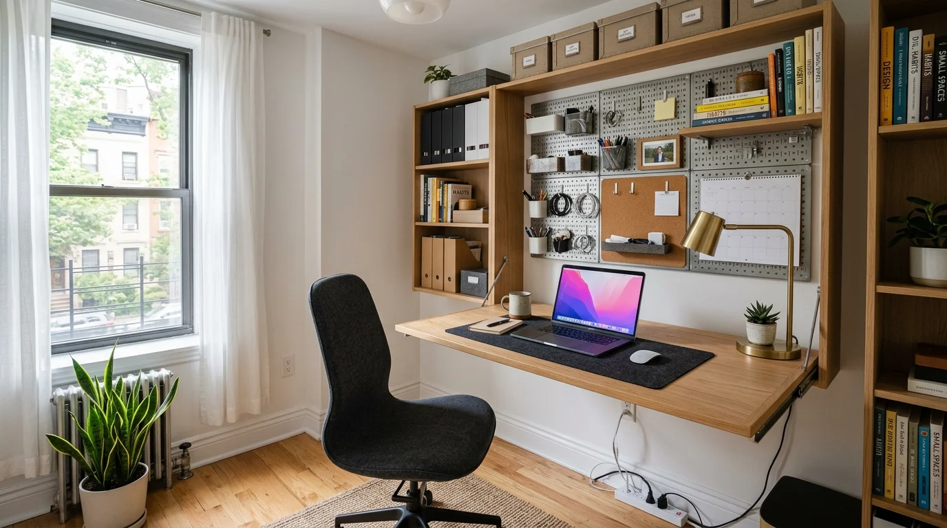 Small apartment office with fold-out desk, wall organizers, compact shelving, and efficient layout.