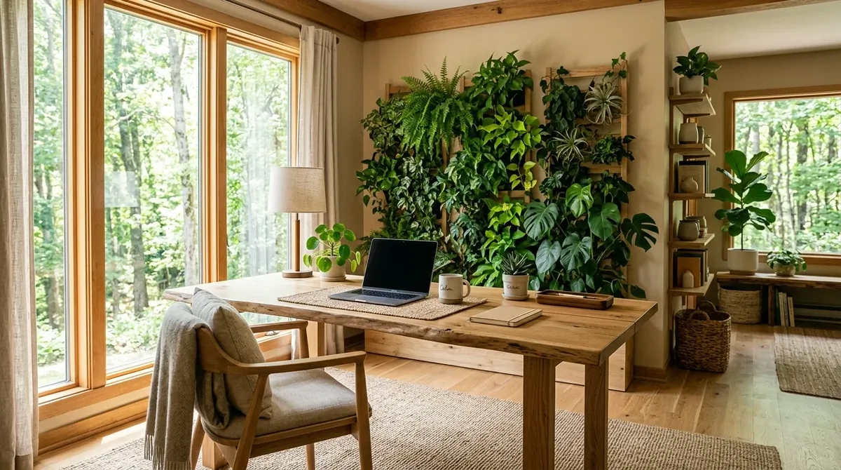 Nature-inspired office with wood desk, indoor greenery wall, earthy tones, and large bright windows.