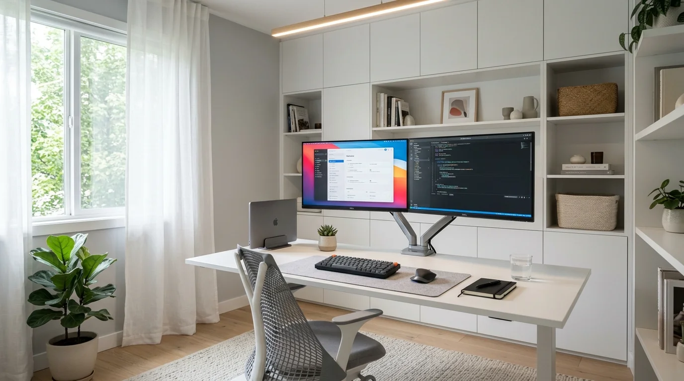 Contemporary home office with dual monitors, clean white desk, hidden storage, and soft diffused lighting.