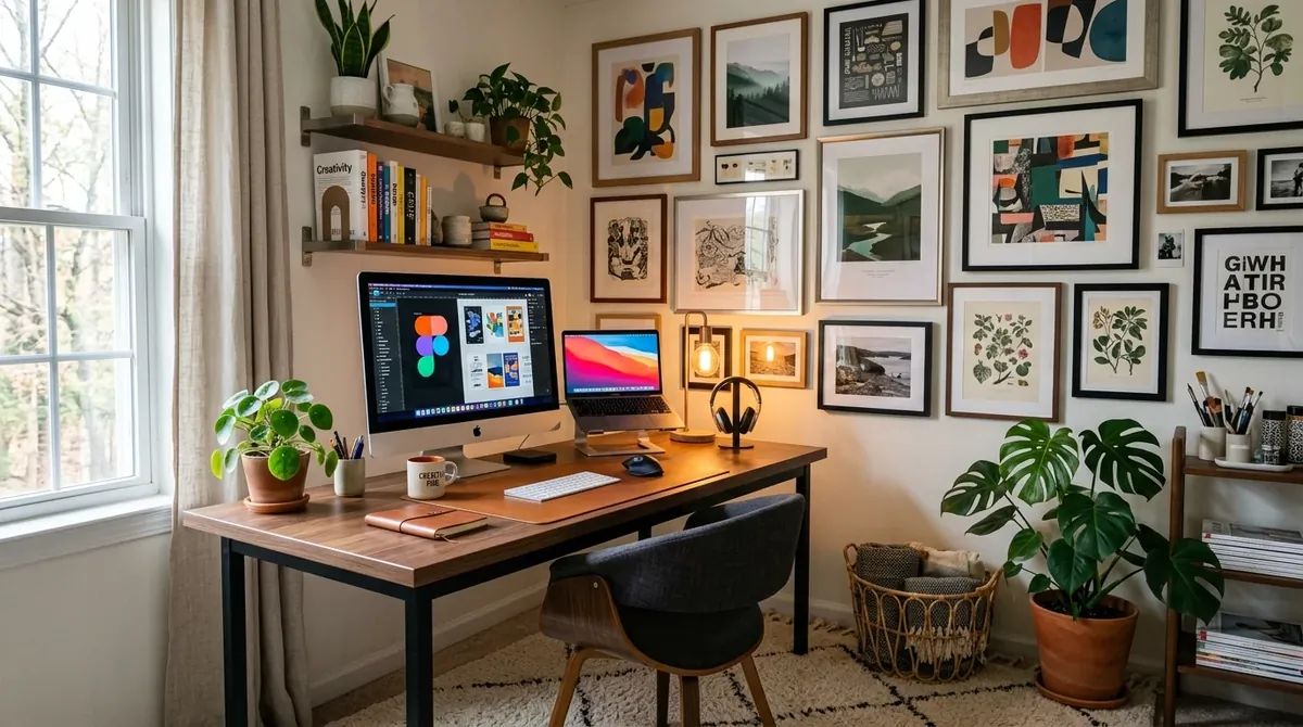 Stylish creative workspace with gallery wall art, modern desk setup, accent lighting, and mixed-material styling.