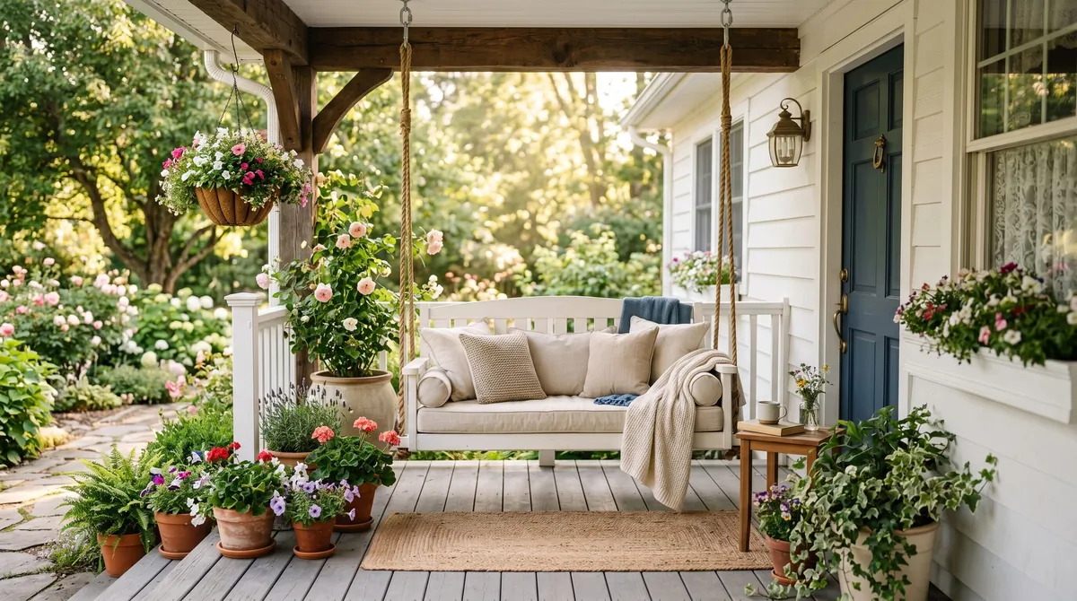 White wood porch swing with neutral cushions, potted greenery, flowers, and morning sunlight.