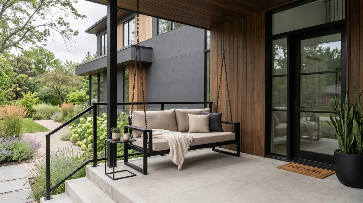 Modern porch swing with black metal frame, beige cushions, and minimalist porch.