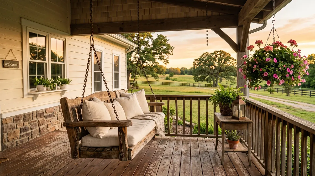 Farmhouse wood swing bench with cream cushions, chains, and hanging baskets.
