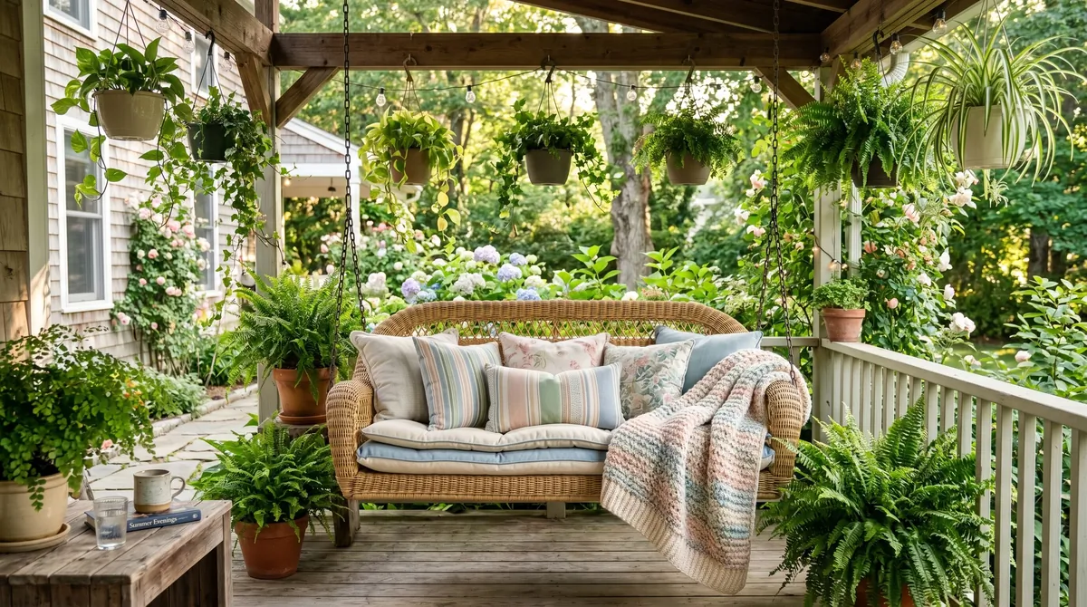 Wicker porch swing with pastel cushions, knitted throw, ferns, and planters.