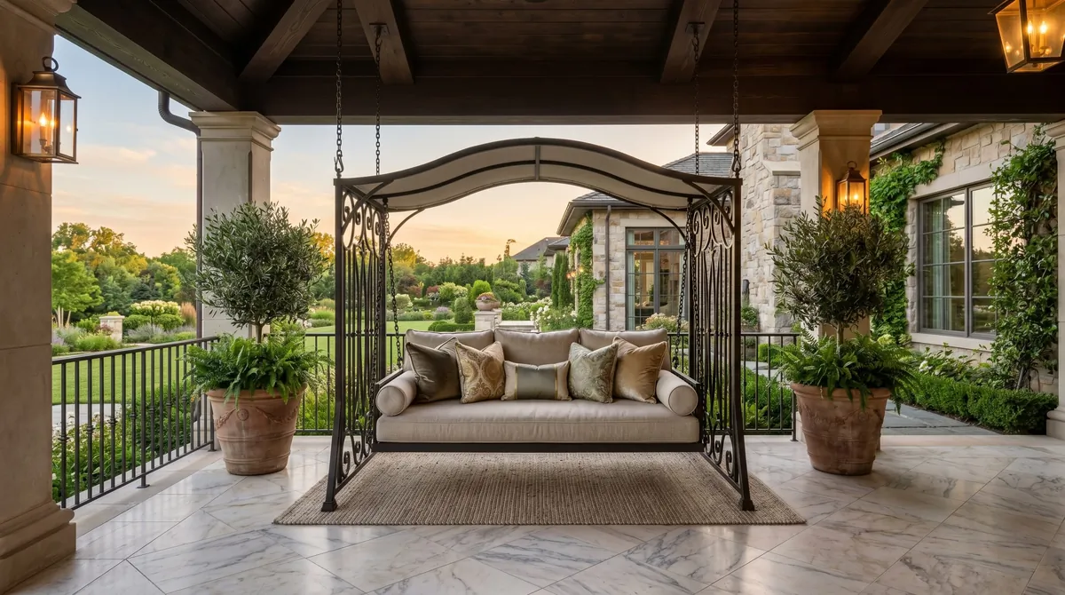 Luxury porch swing with upholstered seating, canopy frame, marble tile, and plants.