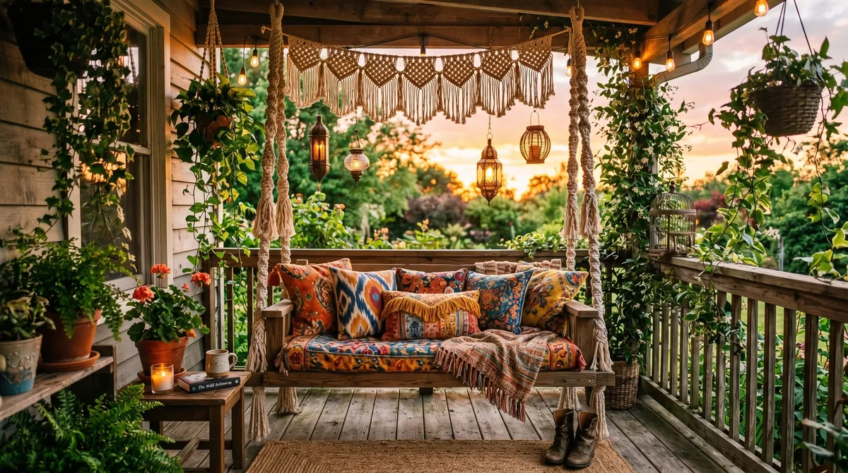 Bohemian porch swing with macrame, patterned cushions, lanterns, and vines.