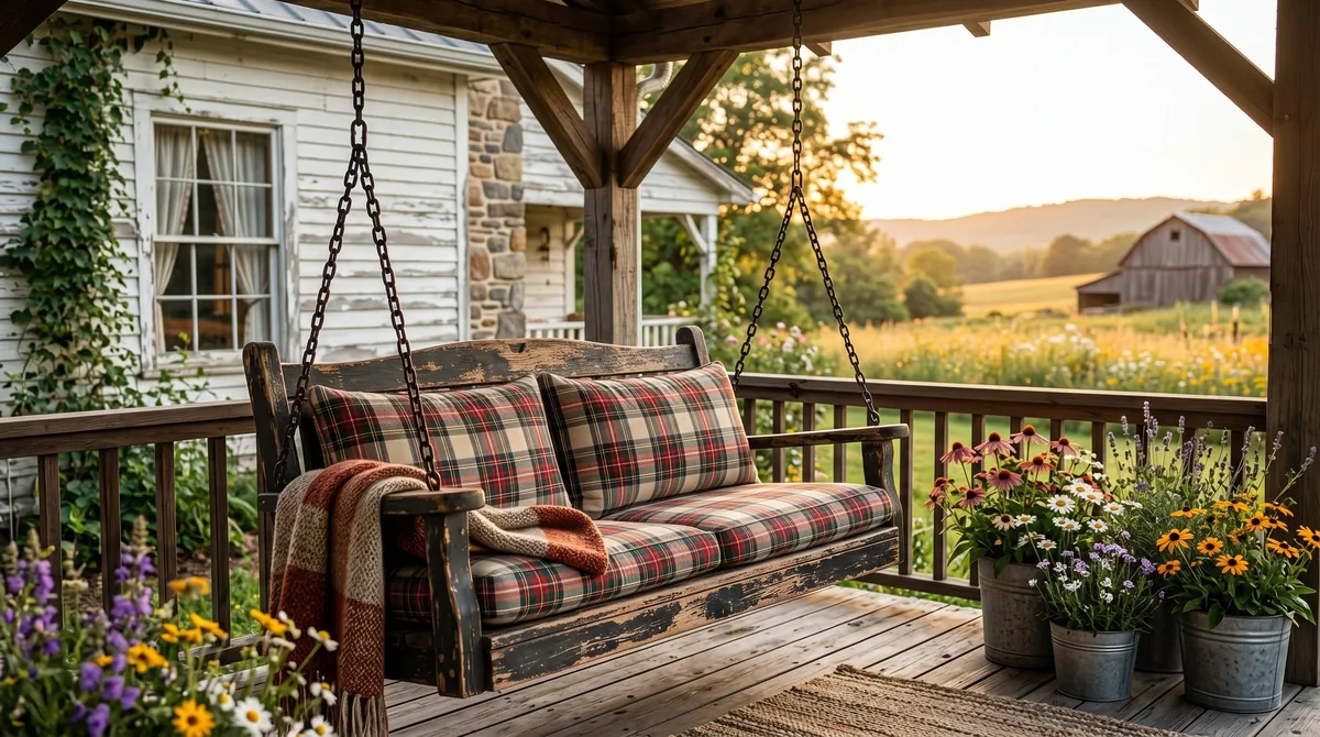 Rustic porch swing with distressed wood, plaid cushions, iron chains, and flowers.