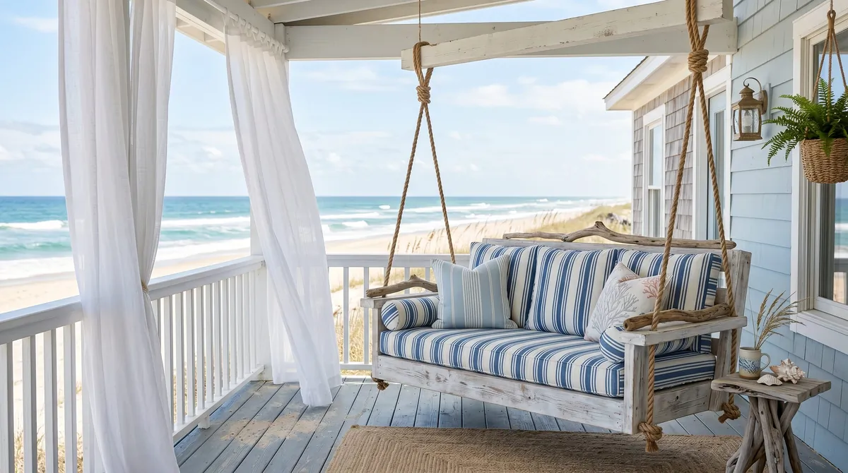 Coastal porch swing with whitewashed wood, blue striped cushions, and curtains.