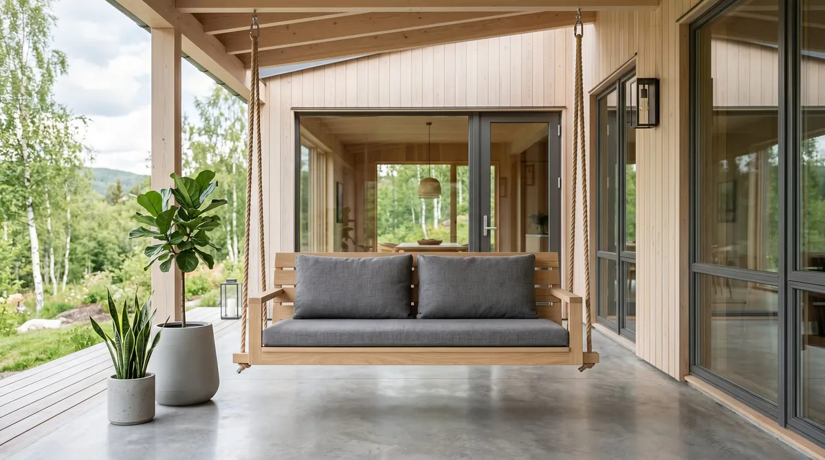 Minimal Scandinavian porch swing with light wood, gray cushions, and neutral planters.