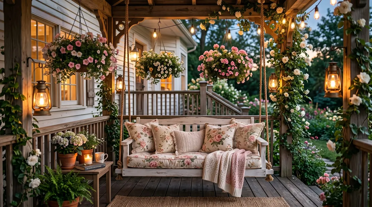 Romantic porch swing with floral cushions, hanging baskets, and vintage lanterns.