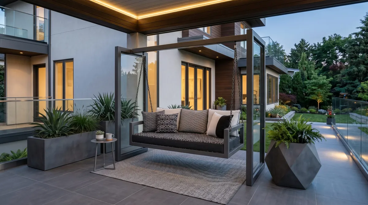 Modern porch swing with metal frame, monochrome cushions, geometric planters, and tile.