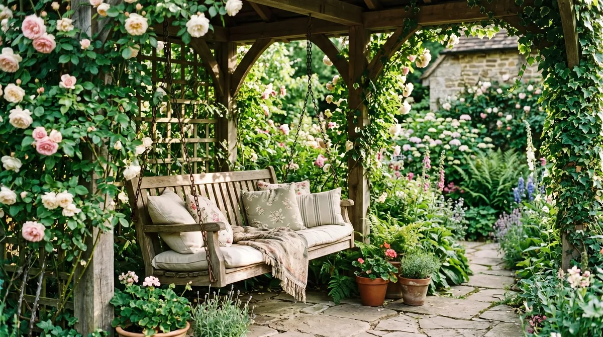 Garden porch swing surrounded by climbing roses, ivy trellis, and soft cushions.