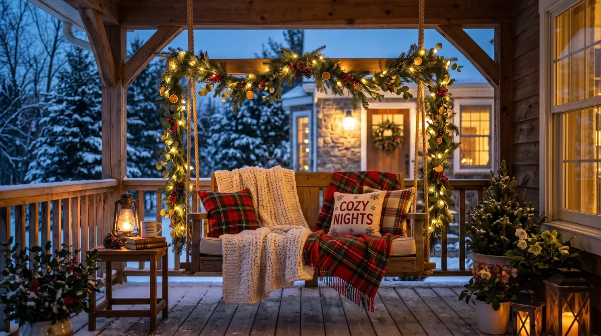 Seasonal porch swing with fairy lights, blankets, floral accents, and warm glow.