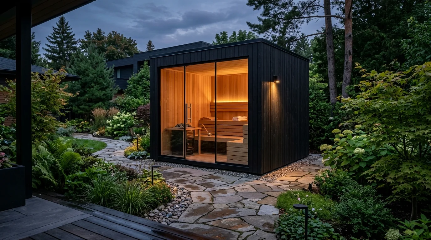 Modern outdoor sauna with black wood exterior, glass front wall, warm amber lighting, and landscaped path.