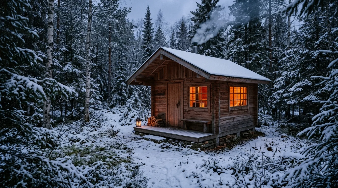 Rustic cedar sauna cabin with chimney, warm windows, and natural wooded surroundings.