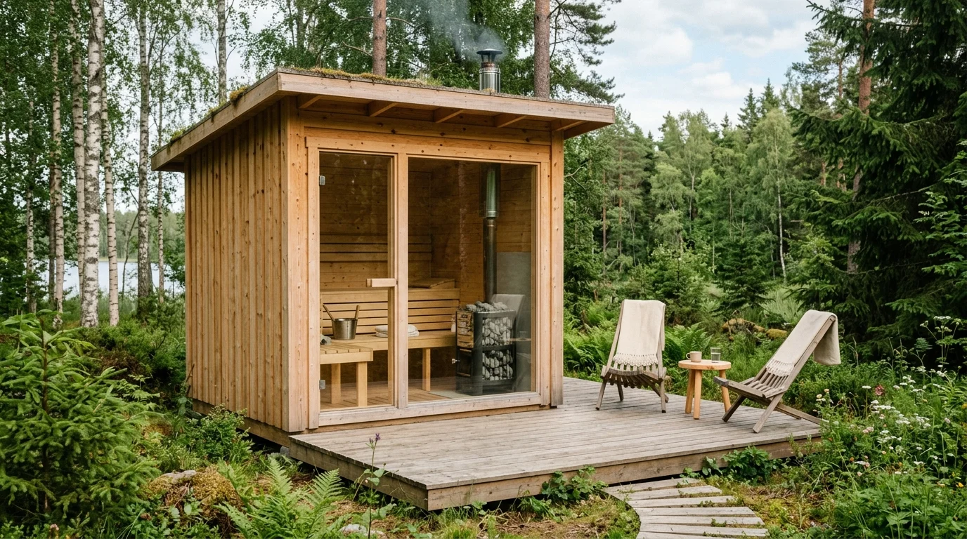 Scandinavian outdoor sauna with light pine wood, glass door, simple deck, and calm natural setting.