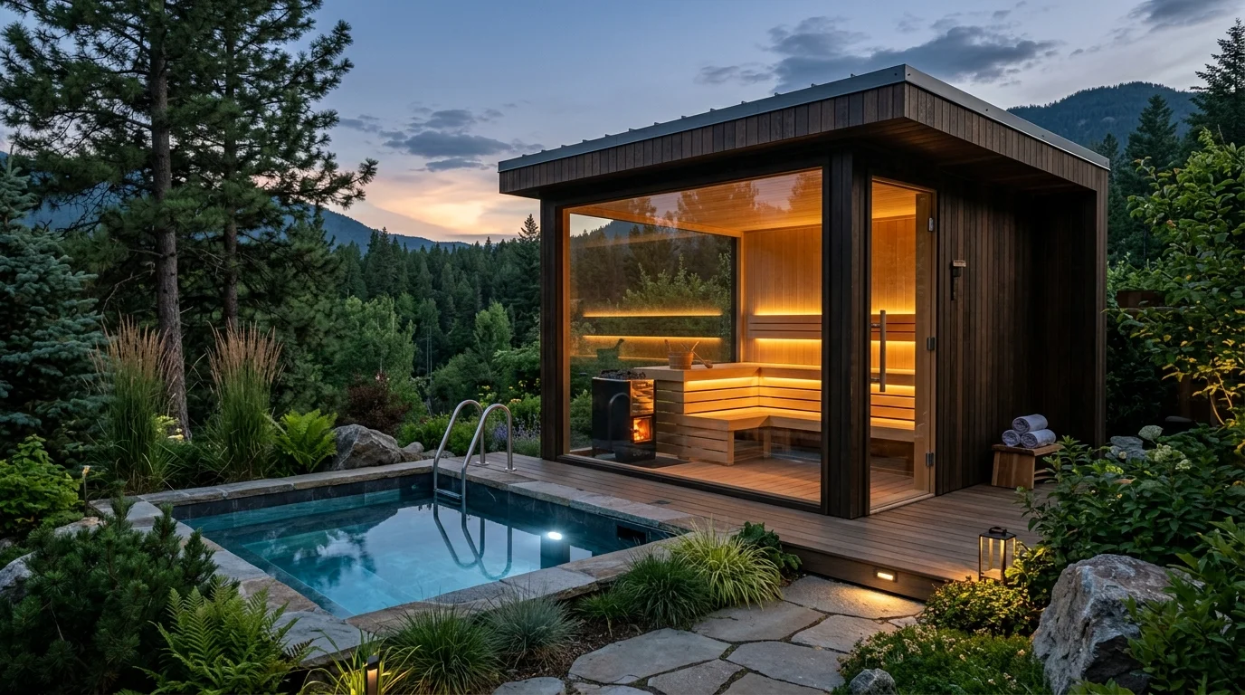 Luxury backyard sauna with panoramic glass, wood benches, LED mood light, and nearby cold plunge pool.