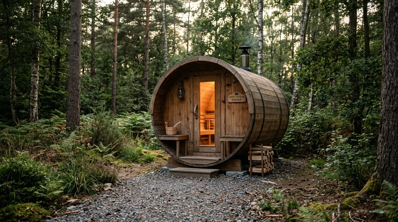 Barrel-shaped outdoor sauna in oak wood with forest backdrop and warm interior glow.