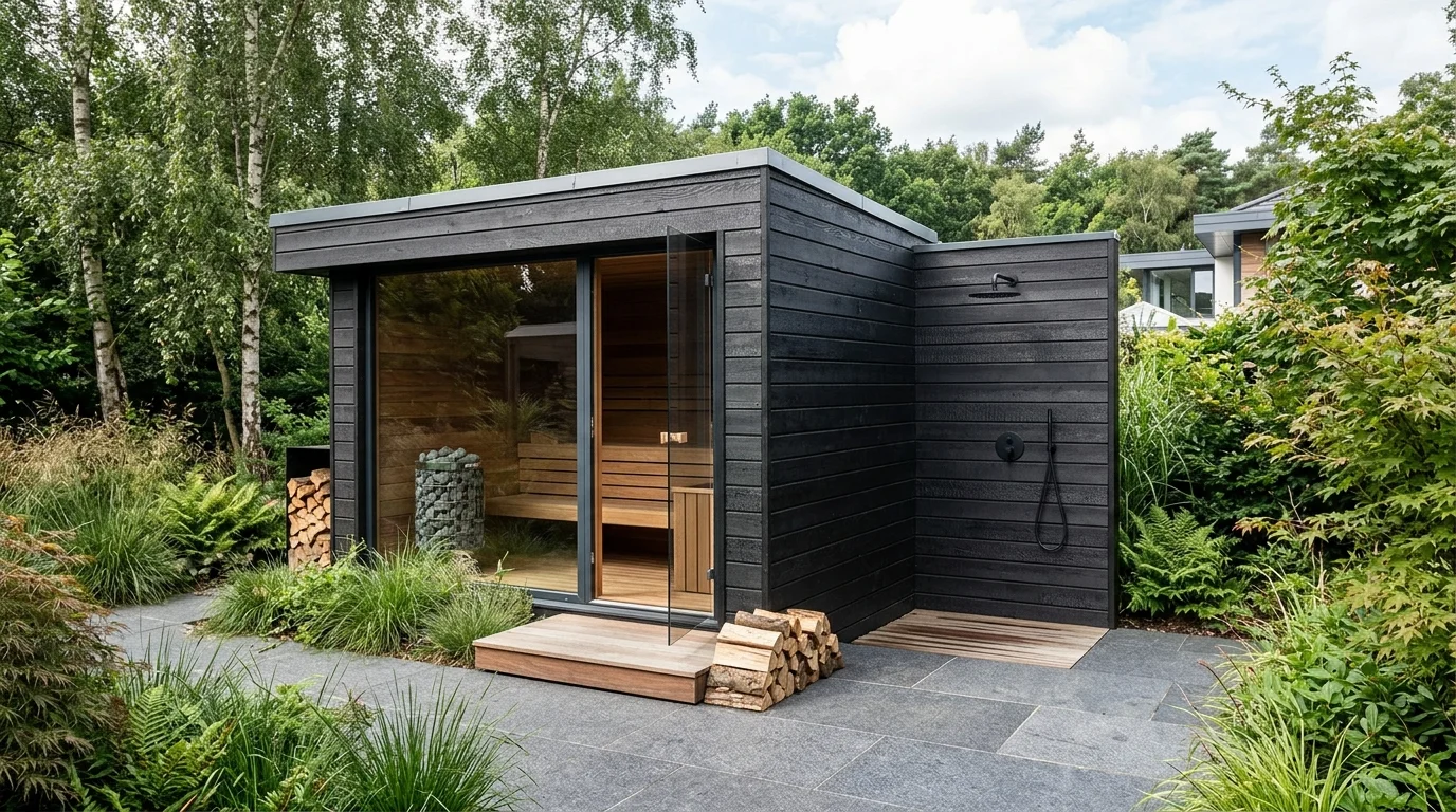 Contemporary outdoor sauna with flat roof, dark timber cladding, shower area, and stone paving.
