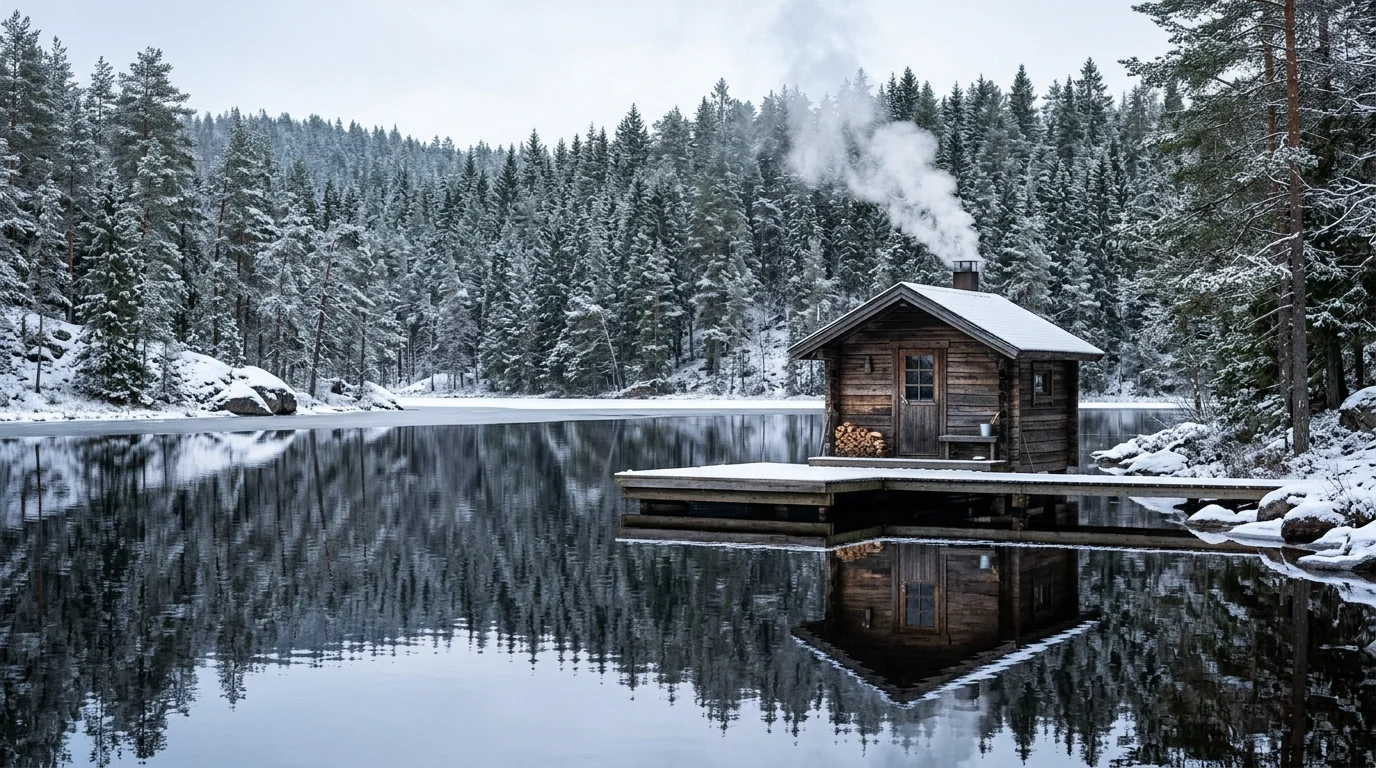 Lakeside outdoor sauna cabin with dock, rising steam, reflective water, and pine forest setting.