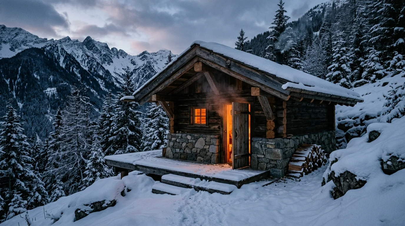 Mountain backyard sauna with stone base, timber beams, snow-covered setting, and warm glowing interior.