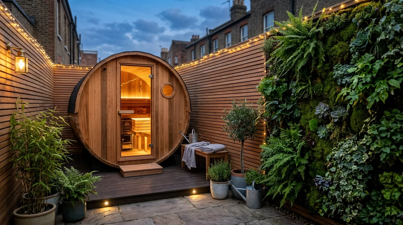 Compact urban backyard sauna pod with privacy fence, greenery wall, and ambient lighting.
