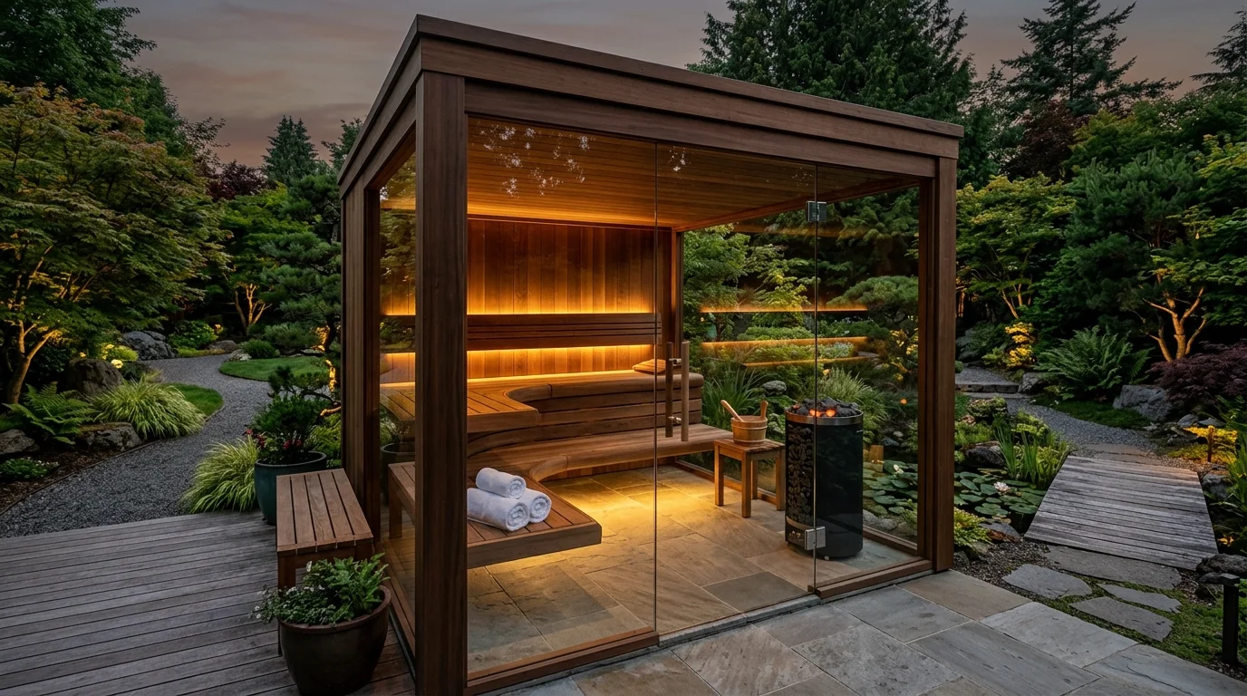 Glass-front luxury sauna pavilion with floating benches, stone tiles, golden lighting, and landscaped garden view.