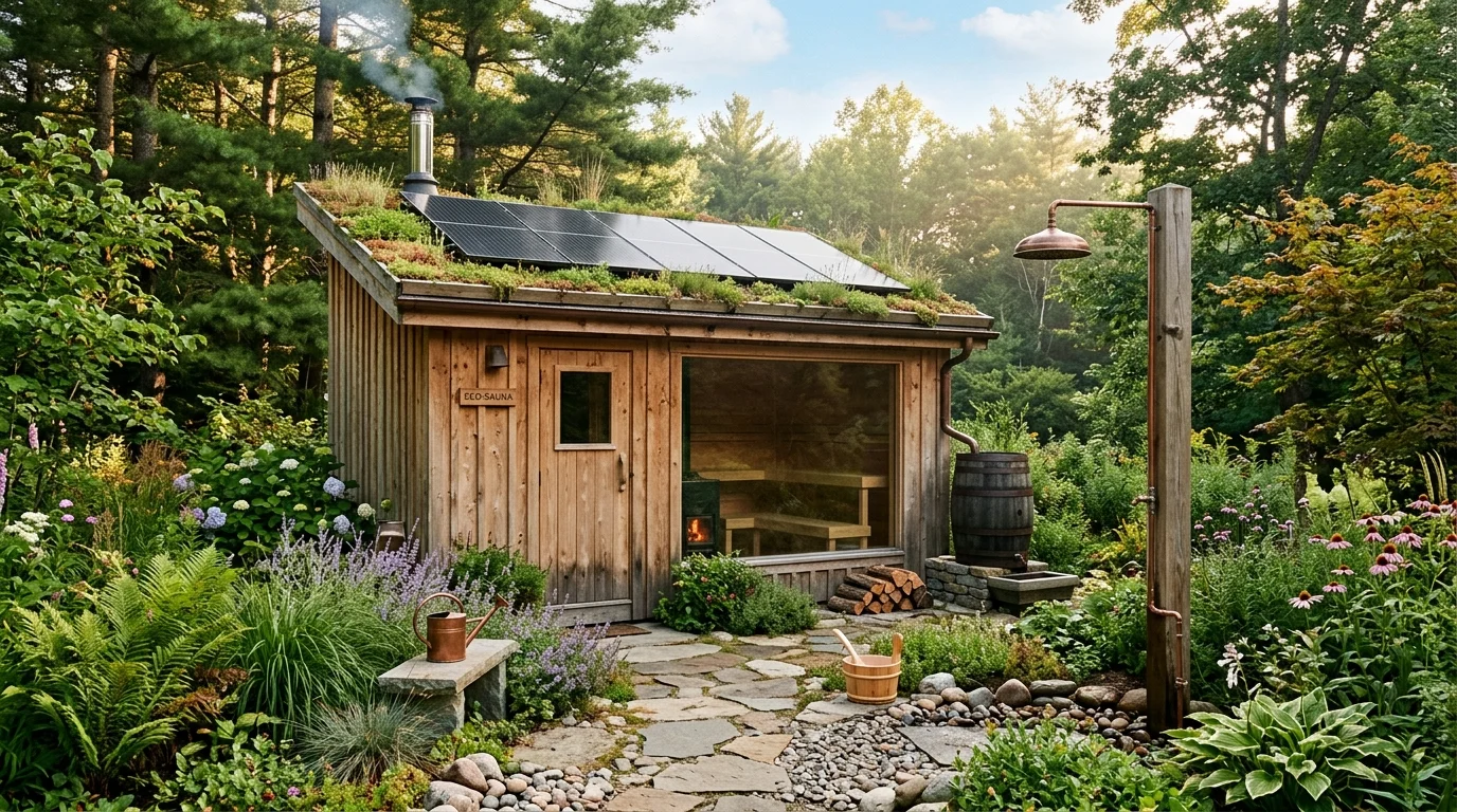 Eco-friendly sauna with solar roof, natural untreated wood, rain shower, and lush garden surroundings.