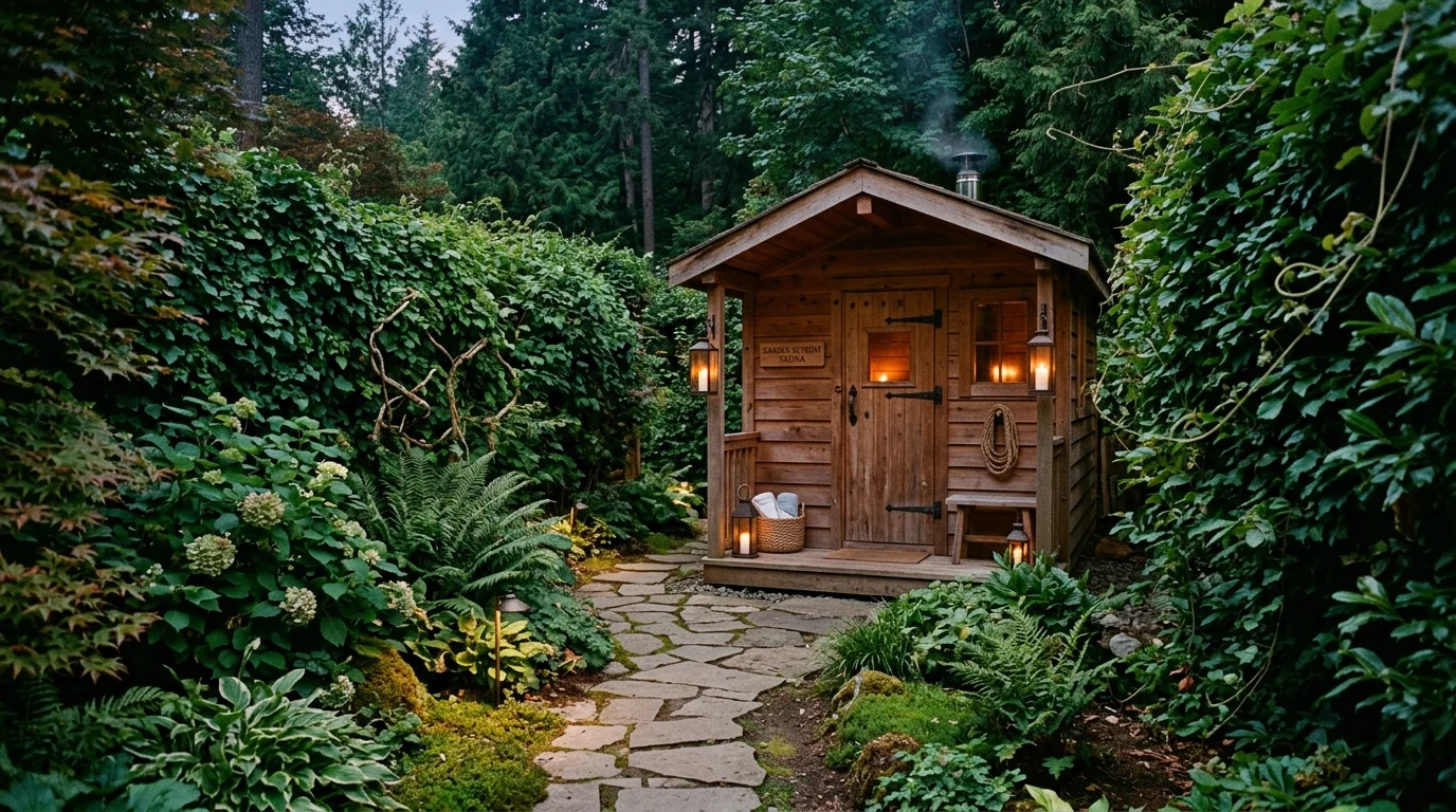 Hidden garden sauna tucked behind greenery with cedar finish, stone path, and candle-style lighting.