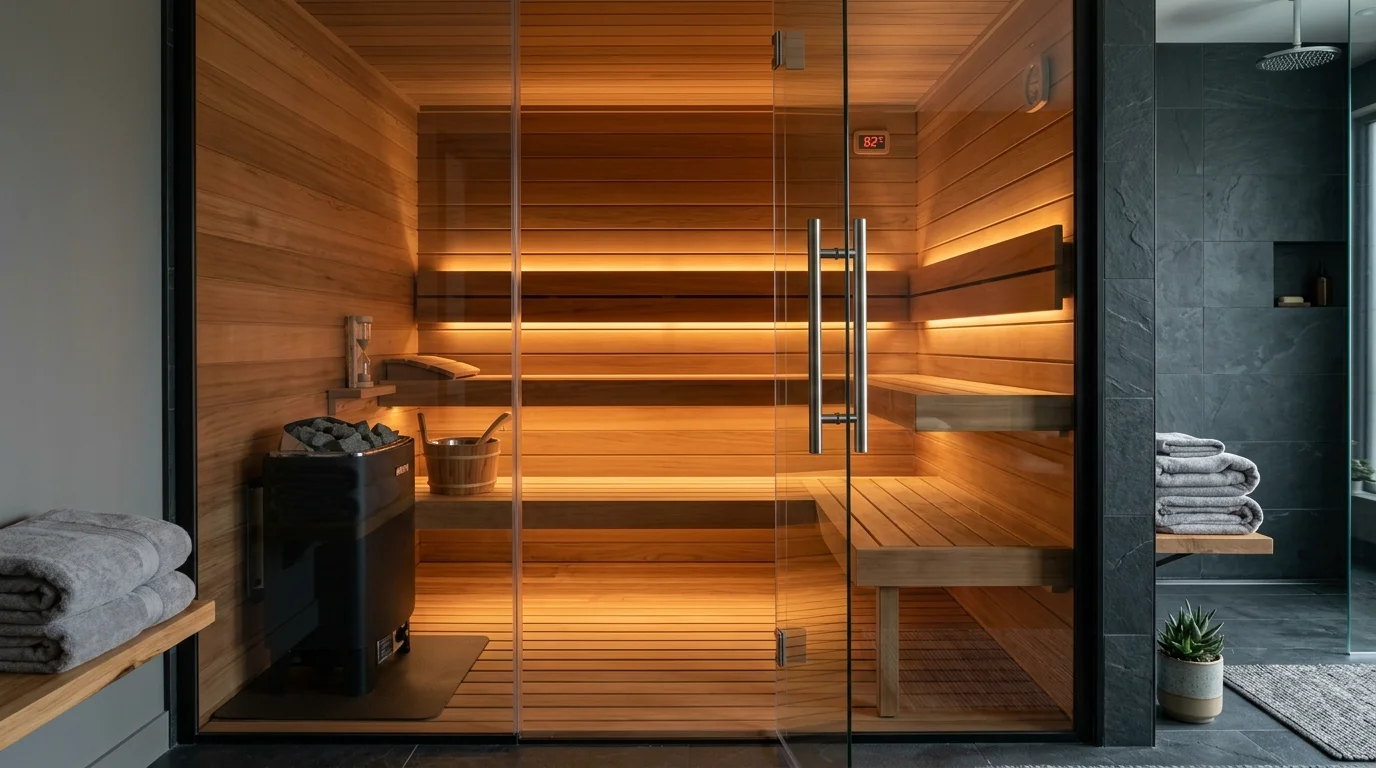 Modern home sauna with cedar interior, glass door, warm amber LED lighting, and calm spa atmosphere.