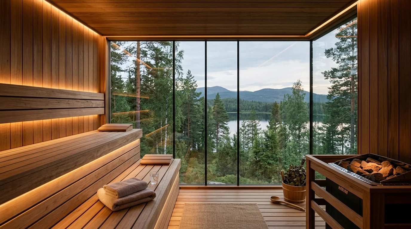 Luxury sauna with glass wall, honey-toned wood, bench seating, and serene nature-facing spa design.