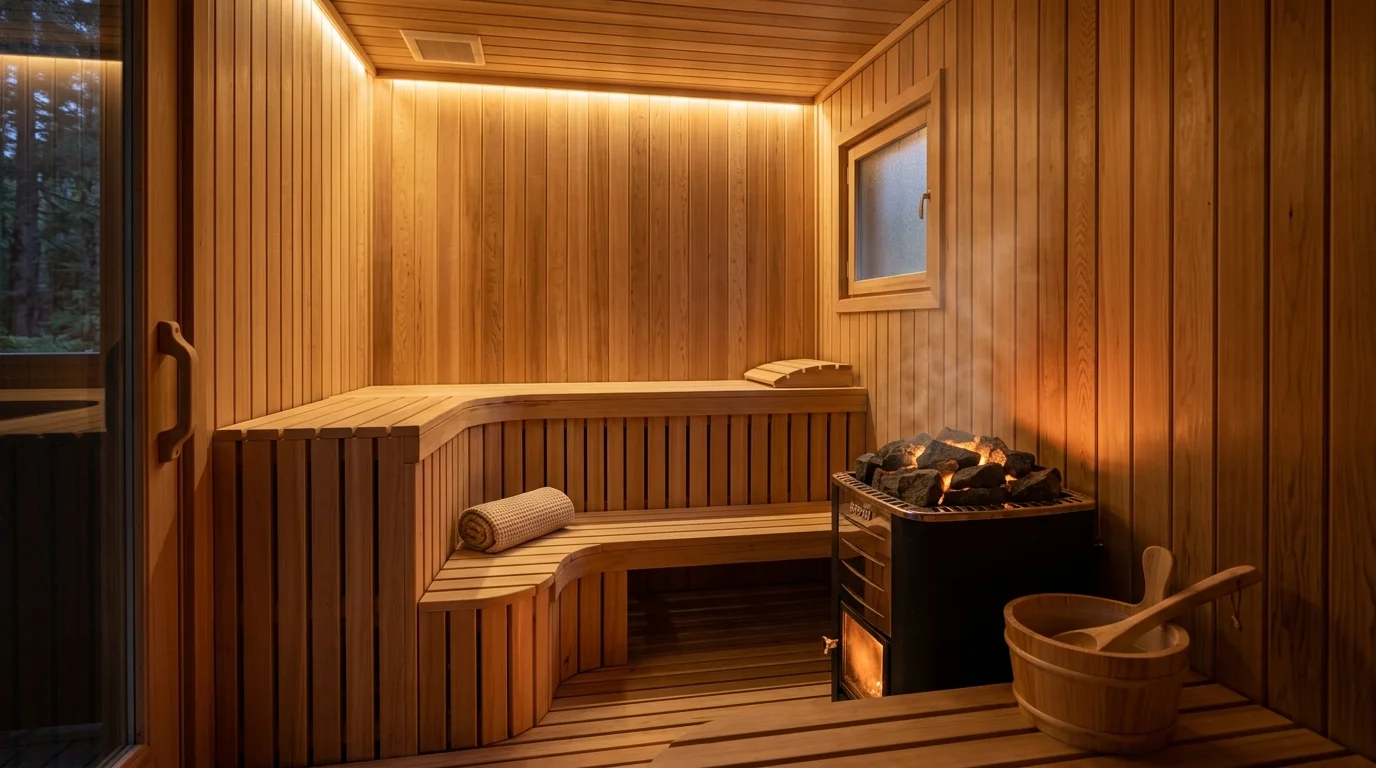 Compact home sauna cabin with vertical wood slats, stone heater, simple bench, and warm golden glow.