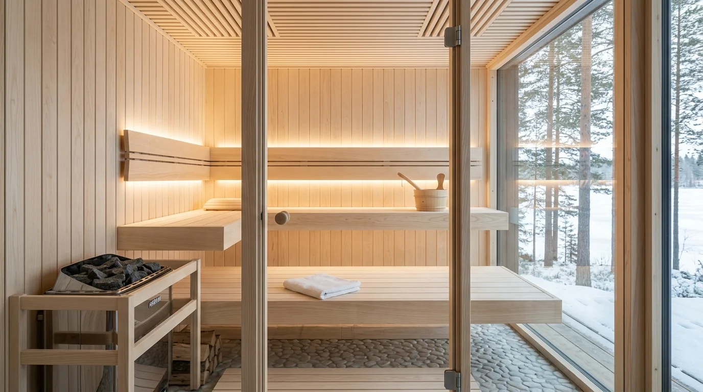 Scandinavian sauna with pale ash wood interior, minimalist benches, clean lines, and soft white light.