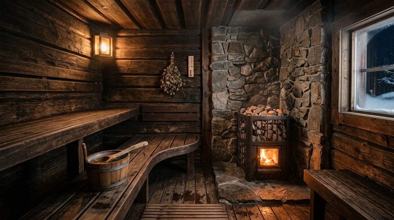 Rustic sauna with dark wood planks, stone heater wall, warm flickering light, and cabin-inspired relaxation mood.