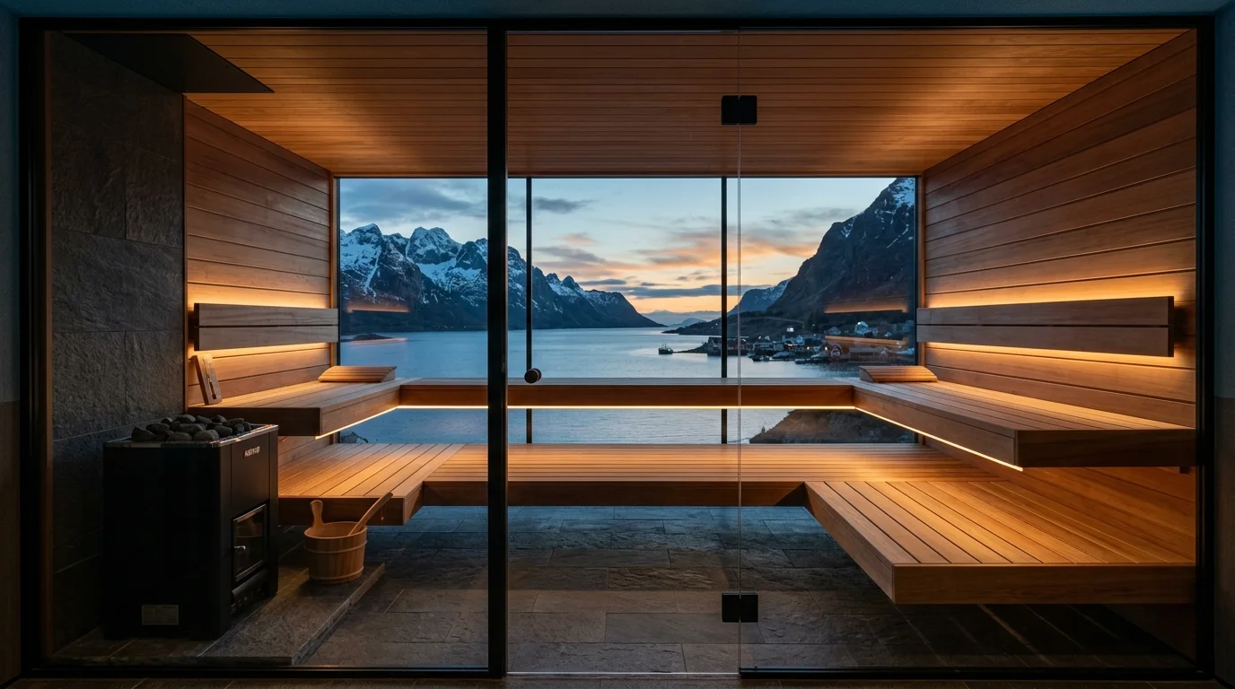 Modern luxury sauna with panoramic glass front, floating benches, integrated LED system, and sleek minimalist spa architecture.
