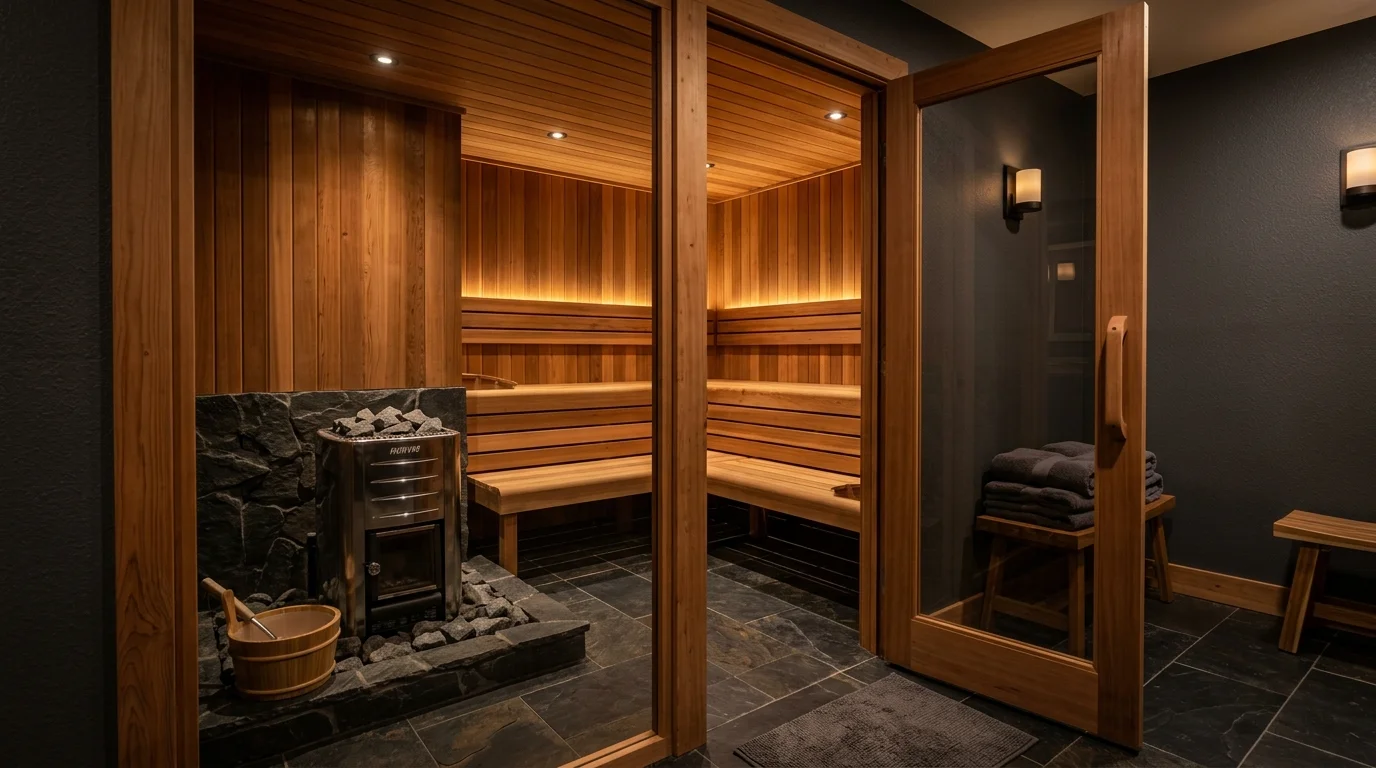 Basement sauna spa with cedar panels, recessed lighting, stone flooring by heater, and compact wellness layout.