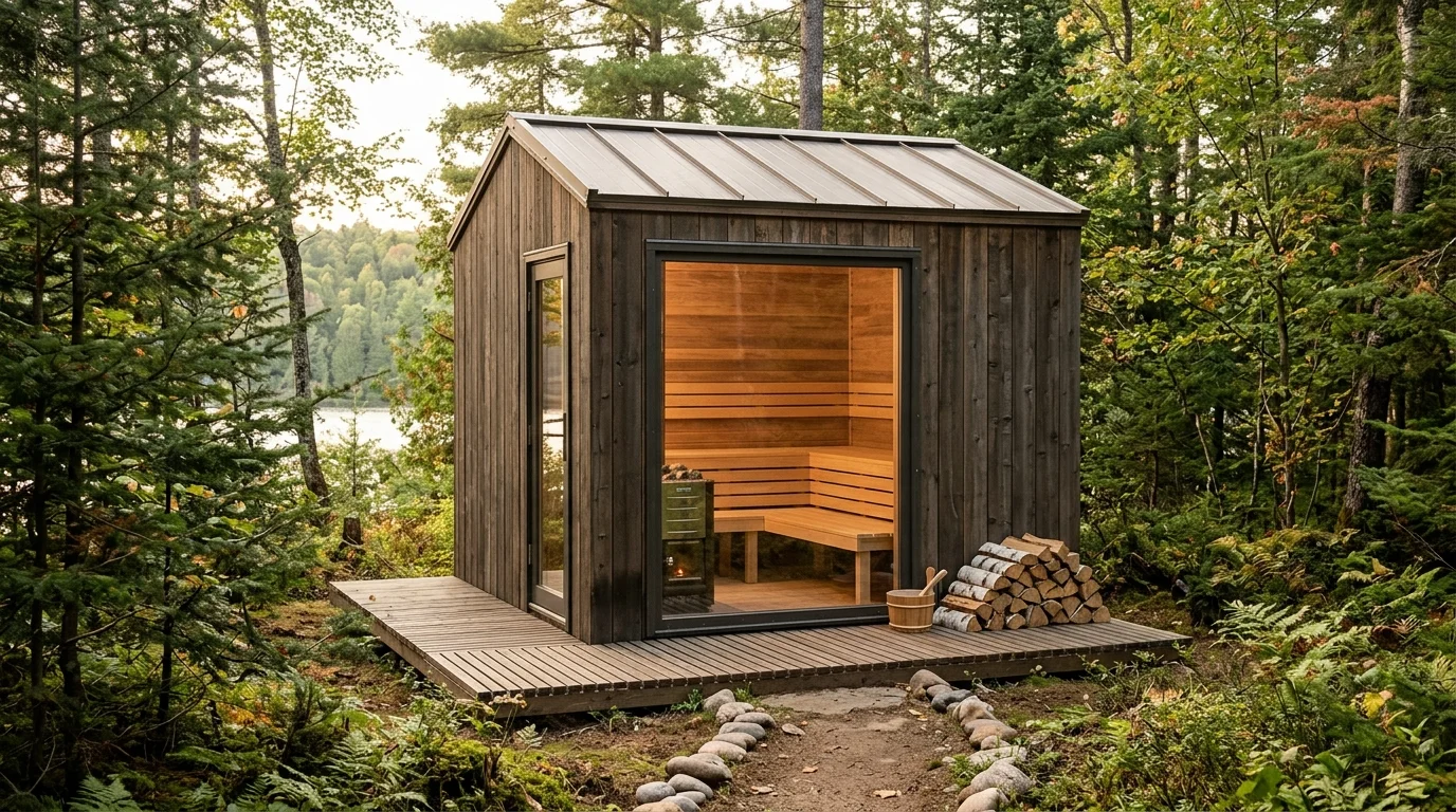 Outdoor-inspired sauna aesthetic with wooden cabin look, glass door, natural surroundings, and earthy tranquil atmosphere.