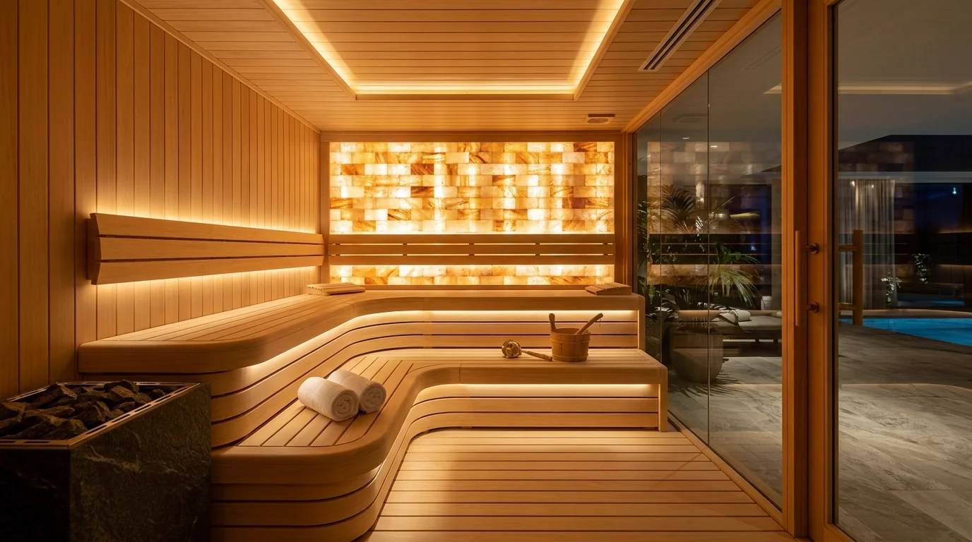 High-end spa sauna with backlit salt stone wall, smooth wood interior, and soft golden wellness lighting.