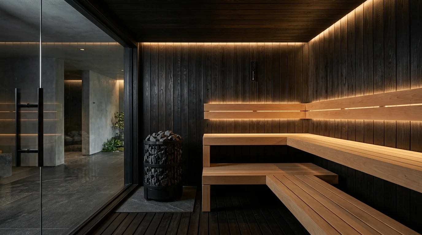 Minimalist black-and-wood sauna with dark thermowood, hidden LED strips, and dramatic modern spa design.