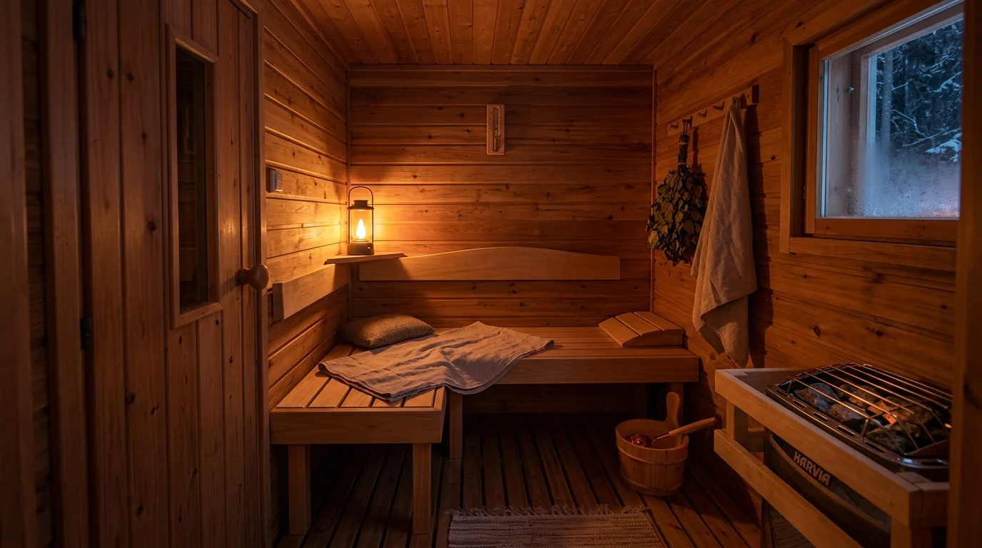 Cozy small sauna nook with compact seating, warm wood tones, candle-like lighting, and private spa atmosphere.