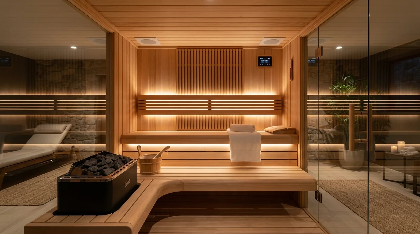 Luxury home spa sauna with sound system, light wood finishes, glass wall panels, and immersive ambient lighting.