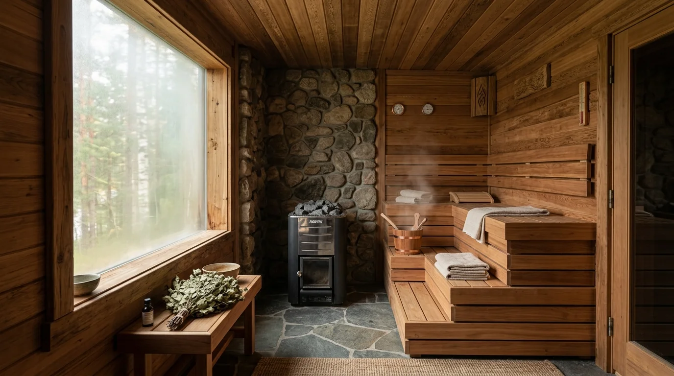 Nature-inspired sauna with cedar interior, stone accents, frosted glass, and soft organic spa light.