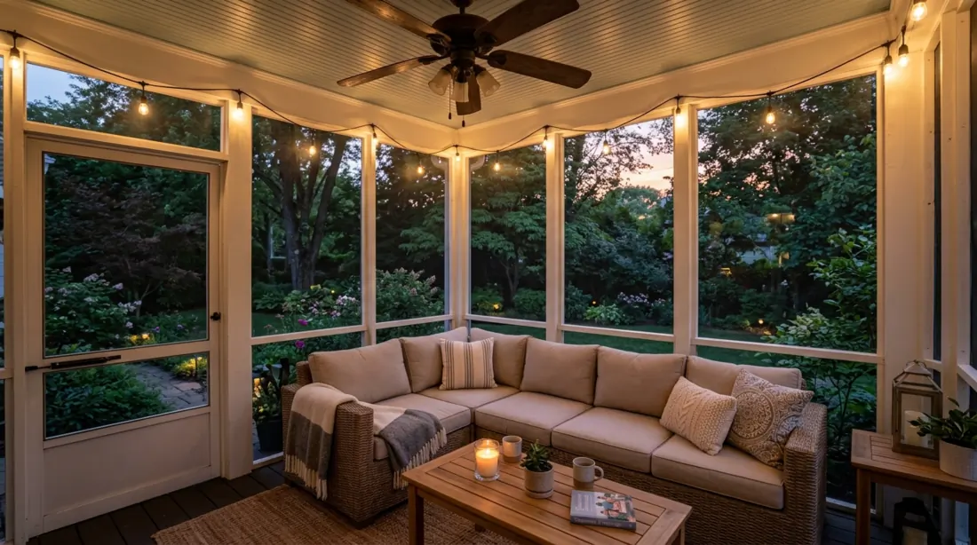 Screened-in back porch with wicker sectional, string lights, ceiling fan, and lush backyard view at dusk.