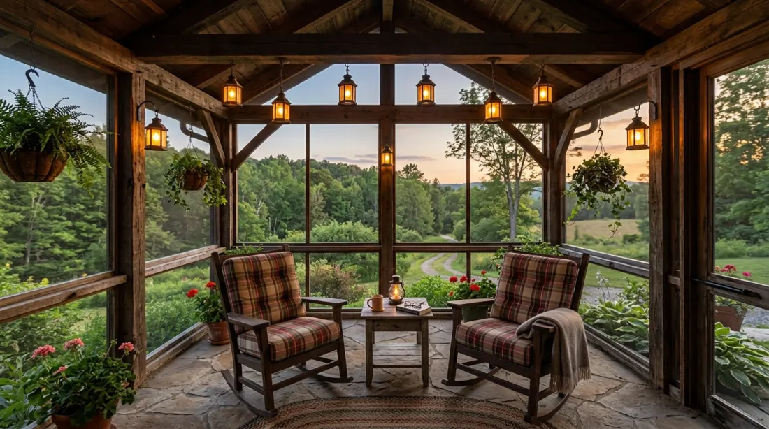 Rustic screened porch with wood beams, stone tile floor, rocking chairs, lanterns, and countryside greenery.
