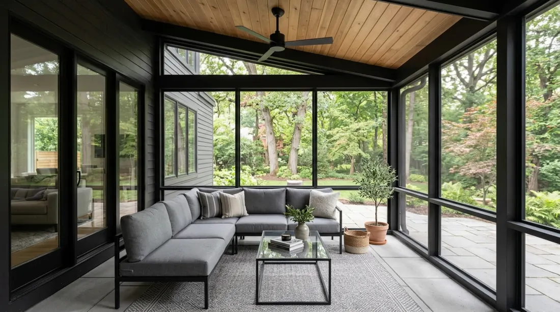 Modern screened porch with black framing, gray sectional, glass-top table, rug, and sleek ceiling fan.