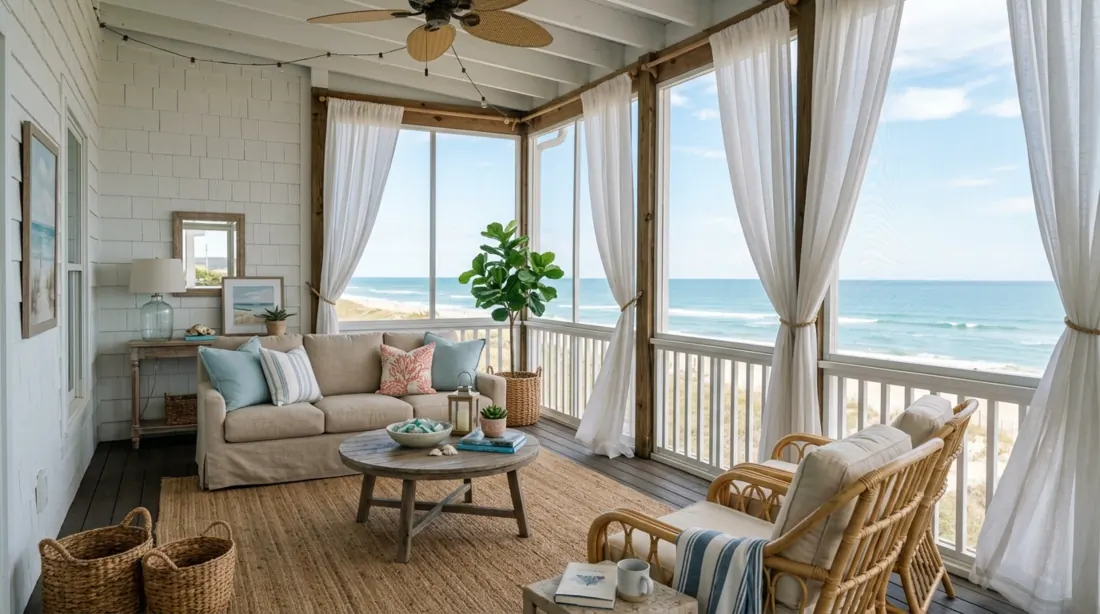 Coastal screened porch with shiplap walls, blue-beige furniture, rattan chairs, airy curtains, and calm retreat styling.